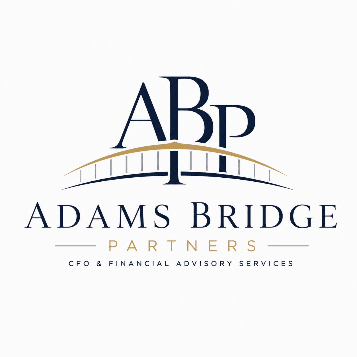 Adams Bridge Partners logo with navy ABP initials, a gold bridge, and financial advisory services.